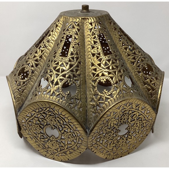 Vintage Moroccan Pierced Brass Lamp Shade Hand Tooled Filigree Scalloped Octagon